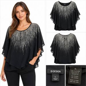 B.Design XL Black Silver Metallic Flutter Blouse